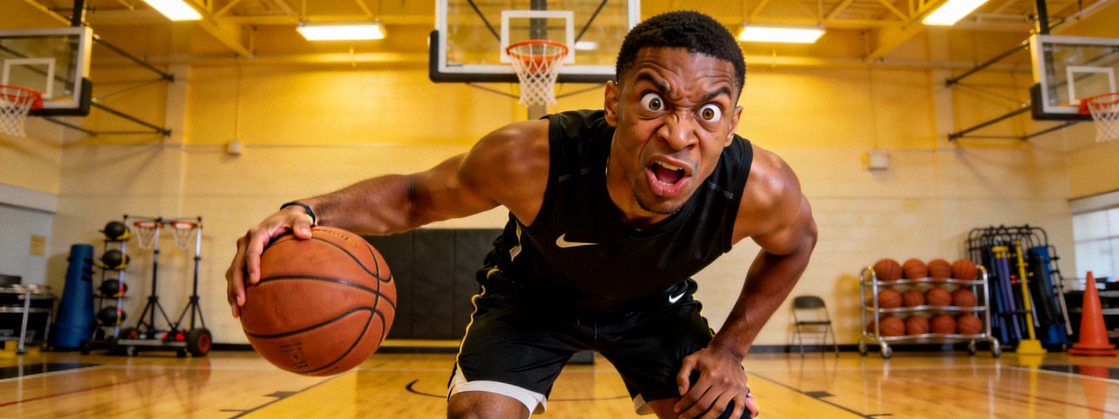 篮球运动员在训练中做出搞笑表情的瞬间