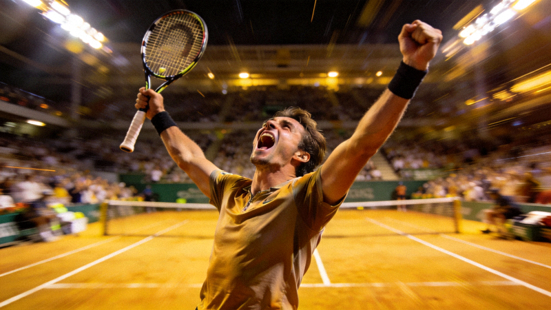 网球运动员在比赛中做出夸张庆祝动作